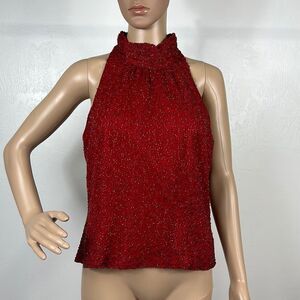 Marina by Marina Bresler Christmas Dark Red Beaded Silk Sleeveless Top Size M